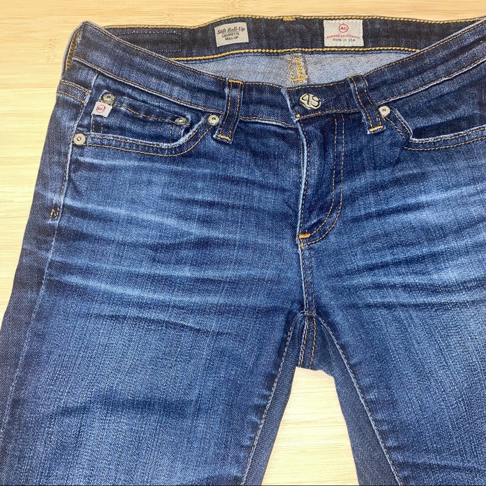 AG Adriano Goldschmied Stilt Roll Up Cigarette Distressed Denim Jeans Dark Wash